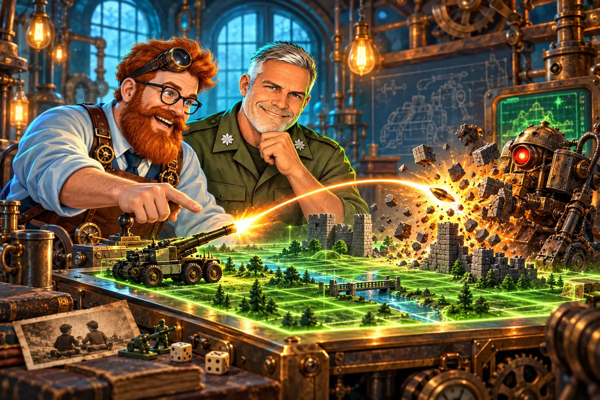 John Koble and Colonel Shue commanding GRID FIRE against a clockwork machine