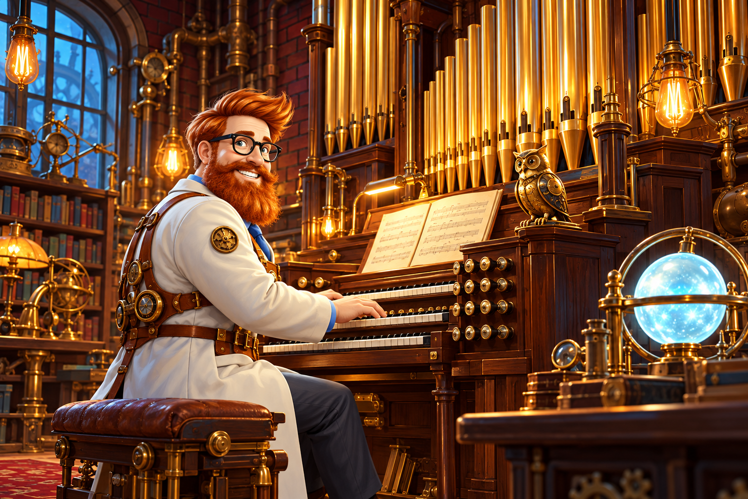 John Koble playing a brass pipe organ in the Organ Hall of his steampunk laboratory